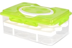 2 Tiers Egg Container Deviled Egg Carrier Eggs Holder with Handle Fridge Freezer Storage by DELIFUR (Green)