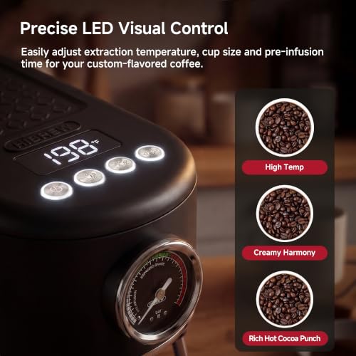 HIBREW H10B Programmable Espresso Machine with LED Display and Pressure Gauge | Compact Stainless Steel Coffee Maker 20 Bar with Milk Frother, Portafilter 51 mm for Cappuccino and Latte