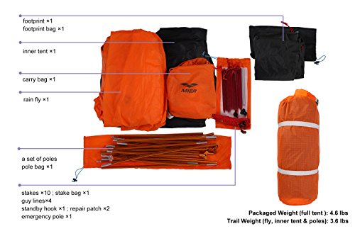 MIER 2 Person Camping Tent Double Layer 4 Season Lightweight Backpacking Tent with Footprint, Quick Setup Waterproof Dome Tent, Orange