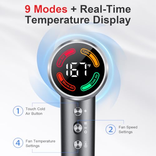 Professional Ionic Hair Dryer, 160,000 RPM High-Speed Brushless Motor, 5X Faster Drying, 500 Million Negative Ions for Anti-Frizz Hair, 9 Heat & Speed Settings, LED Display with Temperature Memory, Dual NTC Temperature Control, 56dB Low Noise, Magnetic Diffuser & Concentrator