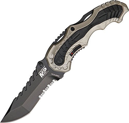 Smith & Wesson SWMP6CNS 7.7in High Carbon S.S. Assisted Folding Knife with 3.4in Serrated Clip Point Blade and Aluminum Handle for Tactical, Survival and EDC