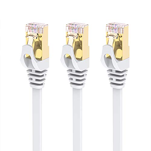 CAT-7 Ethernet Cable 1 Foot 3-Pack - High Speed Flat Internet Network Computer Patch Cord - Faster Than Cat6 Cat5e Lan Wire, Shielded RJ45 Connectors for Router, Modem, Xbox, Printer - White