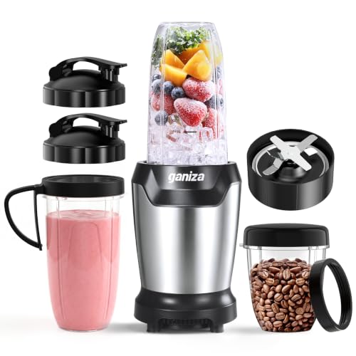 Ganiza Blender 1300W with 3 Portable Cups (2 x 1100ml & 1 x 660ml) Six Stainless Steel Blades, BPA Free, Easy to Clean, Electric Blender for Milkshake and Ice Crusher