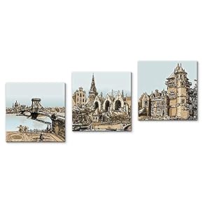 Vintage Building Painting Artwork for Home Framed x3 Panels