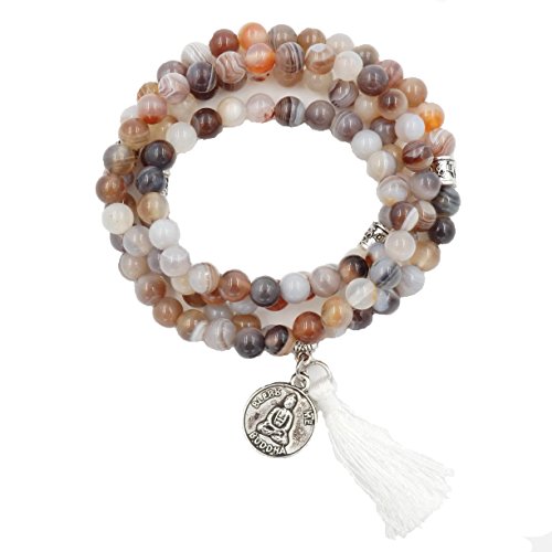 Mala Beads Bracelet, Buddhist Mala Prayer Beads, Buddha Bless Me Statement Necklace (Botswana Agate) - Thumbnail 5