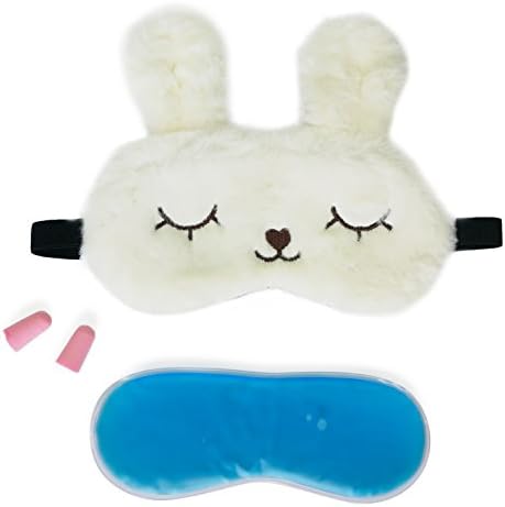 3D Cute Sleeping Plush Rabbit Eye Mask with Reusable Gel Pad, Cold Hot Spa Therapy for Dry Eye and Puffy Eyes, Relaxing Your Eye (White)