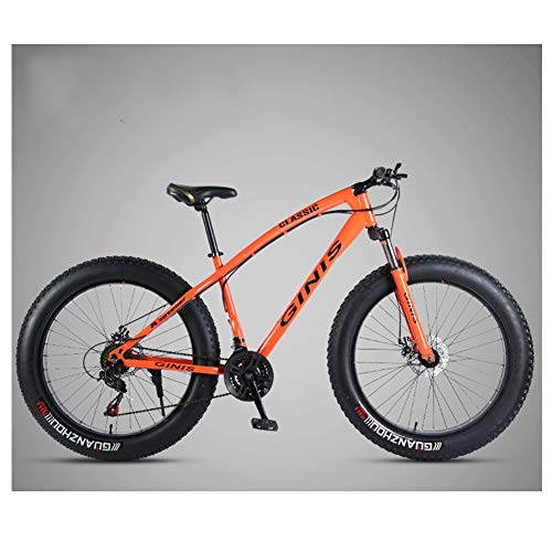 26 Inch Mountain Bicycle, High-Carbon Steel Frame Fat Tire Mountain Trail Bike, Men's Womens Hardtail Mountain Bike with Dual Disc Brake,Orange,27SpeedSpoke
