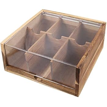 Acacia Wood Tea Bag Organizer Storage, 6 Compartments Tea Chest Box with Acrylic Transparent Hinged Lid By HTB