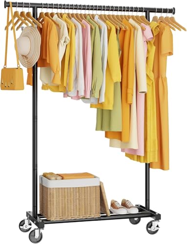 HYSEYY Clothing Rack, Rolling Clothes Rack, Metal Garment Rack with Lockable Wheels & Storage Shelf, Sturdy Coat Rack for Bedroom, Laundry Room, Portable Wardrobe Rack - 162H x 118W x 42D cm (Black)
