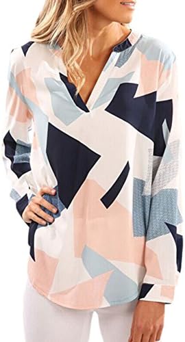 DEARWEN Women's Casual V Neck Printed Geometric Pattern Blouses Long Sleeves Top Size M (YF088-MUL-M)