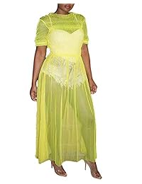 SCORP - Vestido de encaje sexy para mujer, de manga corta, cintura alta, acampanado, malla, transparente