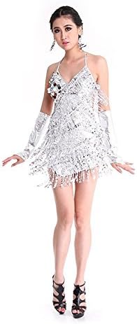 DanceQueen Sexy Women Latin Dance 1920's Flapper Costume Halloween Party Stage Samba Sequins Tassel Dance Wear 2 Pieces Dress and Hand Sleeves