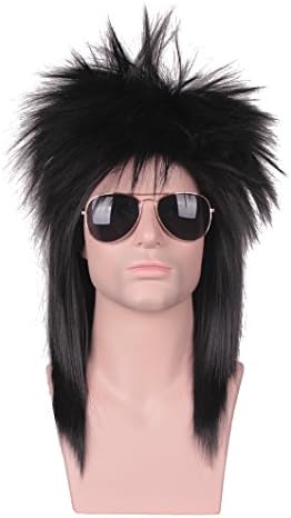 FantaLook 80s Long Black Wig with Bandana