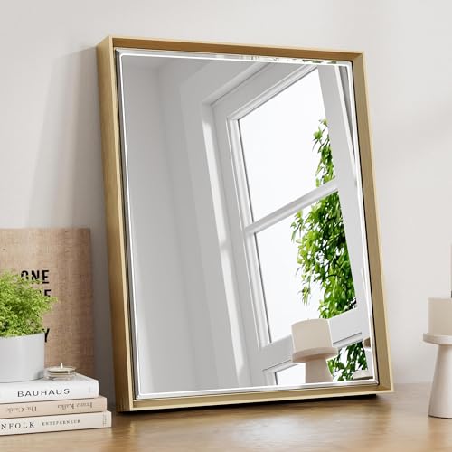 QueenFun Gold Bathroom Mirror for Wall, 20x16 Gold Mirror Rectangle Metal Frame with Bevel Design, Brushed Gold Wall Mirror Anti-Rust, Horizontal/Vertical Wall-Mounted Mirror for Bathroom Home Decor
