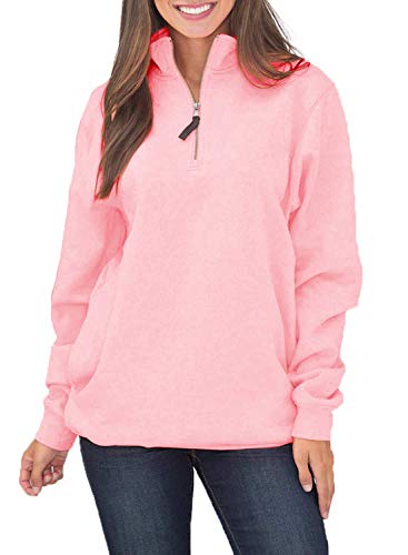 VIENJOY Women's Sport Baggy Long Sleeve Collar Front Pockets Quarter 1/4 Zip Fleece Pullover Sweatshirts for Women Thick Outwear Tunic Top Shirts Pink XL(US16-18)