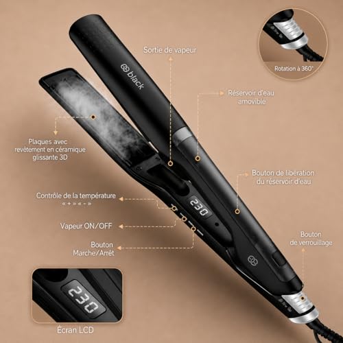 Golden Goods Pro Black Hair Straightener, Powerful Steam Straightener, Curling Iron 10 Temperature Settings up to 230ºC, All Hair Types Ceramic and Ionic, Hair Straightener