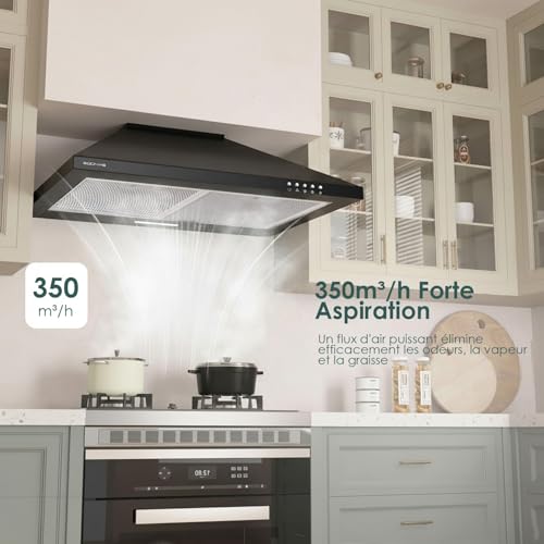 Soonye Extractor Hood 60 cm Class A, Kitchen Hood 350m³/h, Drain or Recycle, Carbon Filter Included, Wall Hood, Black