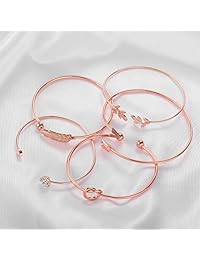 Softones - Juego de 5 pulseras de oro rosa para mujer y niña, diseño de corazón, hoja de olivo, flecha, pluma, nudo y corazón abierto, ajustable