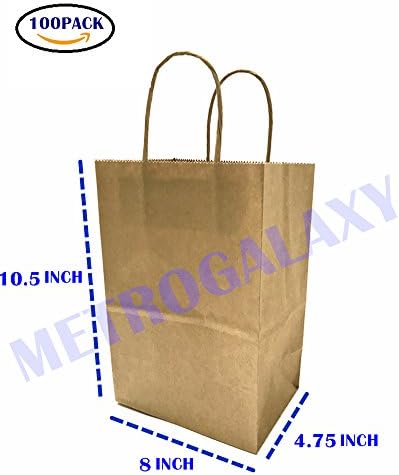 Metrogalaxy 8"X4.75"X10.5" Medium Kraft Paper Bags, Party Bags, Shopping Bags with Handles, Color: Brown Bags, 100PC