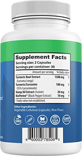Turmeric Curcumin with Hemp Oil Extract and BioPerine. Antioxidant Support, Powerful Anti-Inflammatory, Promotes Healthy Glowing Skin. 60 Capsules