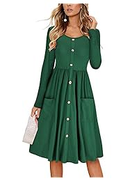 Haircloud - Vestido de manga larga para mujer, estilo informal, cuello en V, con botones y bolsillos