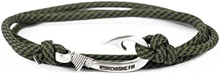 Chasing Fin Fish Hook Pendant Bracelet - Cool 30-Inch Military-Grade 550 Paracord Bracelet & Anklet - Adjustable Size, 100% Nylon Nautical & Fishing Accessory - J-Hook Pendant, Pewter - Comanche