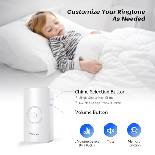 TECKNET Wireless Doorbell, Door Bells Wireless IP65 Waterproof Battery Operated Cordless Door Chime Kit up to 1300ft Long Range with 60 Melodies & 5-Level Volume, LED Flash, 4.5 Year Battery Life
