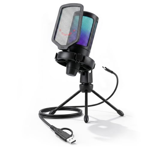 FIFINE Gaming Mikrofon PC, Typ A/C USB Microphone für Streaming Podcast Studio, mit Mikrofon Ständer und Stummschalttaste, für PS4 PS5 Mac