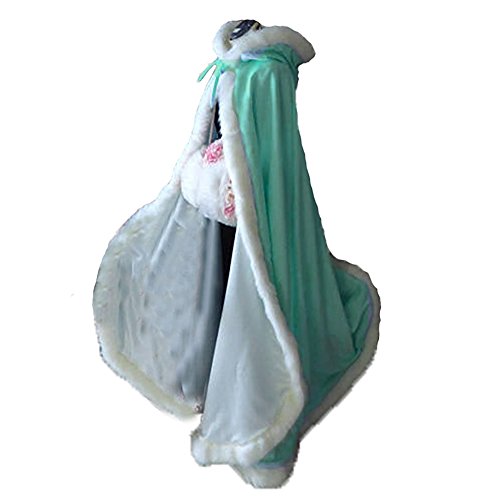 Mint Green Long Wedding Cloak with Hooded Cape Winter Fur Trim and Hand Muff 50 Inches