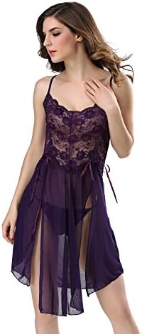 Women Sexy Lingerie Robe Lace Nightwear Babydoll Perspective Lure Pajamas (Purple)