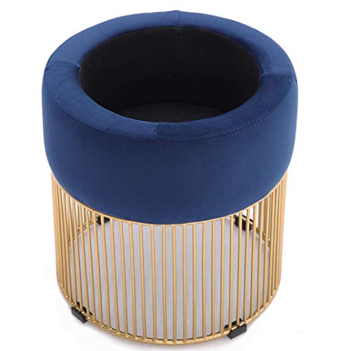 Simhoo Velvet Upholstered Round Vanity Stool/Dressing Makeup Piano Stool with Metal Base-Blue,Ottoman with Storage - Thumbnail 4