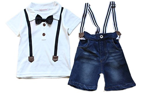 StylesILove Baby Kids Boy Bowtie Short Sleeve T-shirt and Suspender Denim Shorts