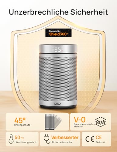 Dreo Energy Saving Fan Heater, 34 dB Quiet 1500 W Electric PTC Ceramic, Thermostat, Overheating & Tilt Protection, 12 Hour Timer, Electric Heater for Rooms, Bedroom, Atom 316, Silver