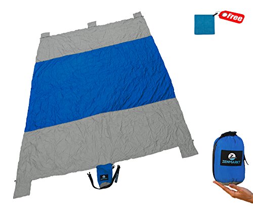 Oversized Beach Blanket: Outdoor Travel Blanket + Microfiber Towel in Carry Pouch| 7'X9' Sandproof Water/Wind Resistant Parachute Nylon Beach Mat For Picnic, Hiking, Camping