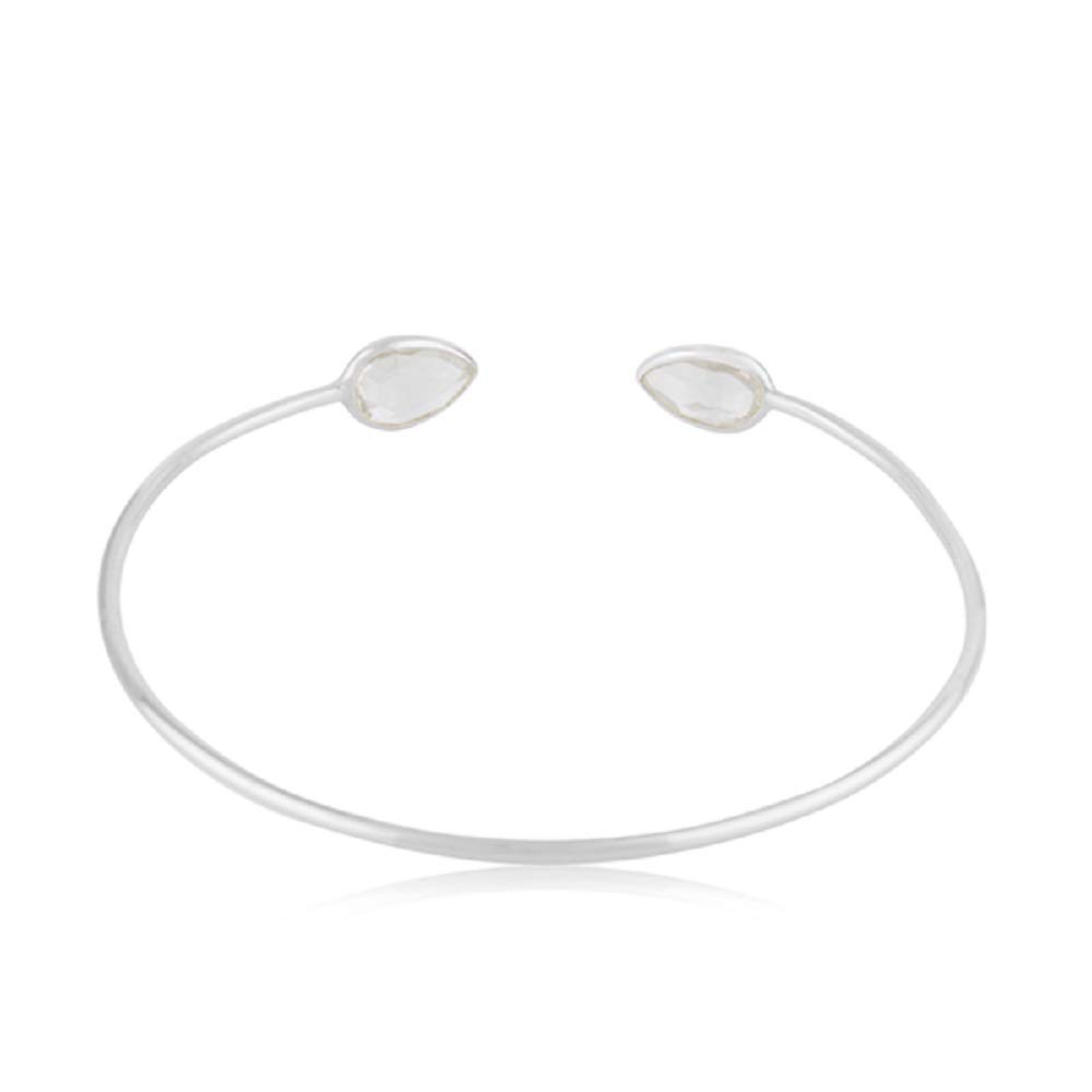 925 Sterling Silver (Stamped) Cuff Bangle Bracelets With Genuine Stones From India - Fine Handmade Jewellery Gift (Crystal Quartz Cuff Bangle - Rhodium)