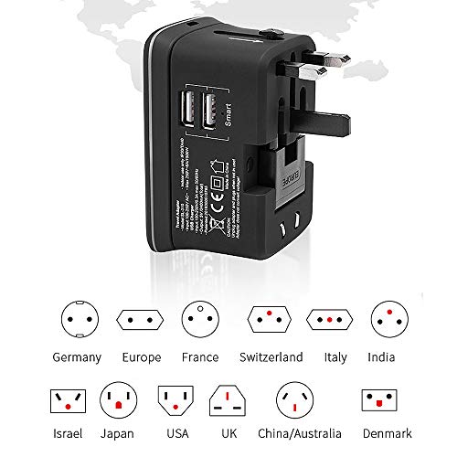 40000KM Travel Adapter with Wireless Charger Pad Universal All-in-one Plug Charger Adapter For 1500W High Power Appliances Dual Smart USB Port SW6207 (Black)