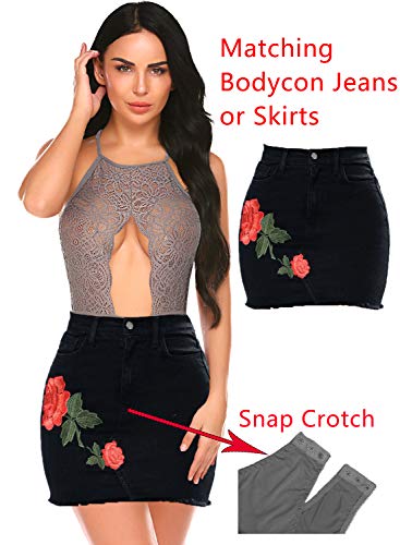 wearella Women Snap Crotch Lingerie Sexy Lace Bodysuit Thong One Piece Lace Baby Dolls Teddy Sleepwear Gray