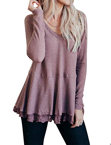 MEROKEETY Women's Long Sleeve V Neck Waffle Knit Lace Trim Flowy Tunic Tops Blouse
