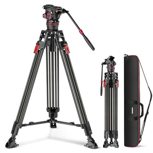 Neewer 78 Video Camera Tripod Carbon Fiber with Damping Adjustable Fluid Head, One Step Quick Release with QR Plate & Handle, Heavy Duty Tripod Stand for DSLR Cameras Camcorders, Max Load 22lb, LL37