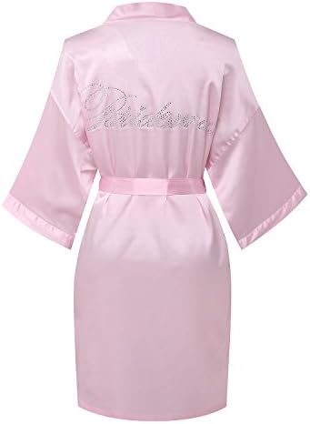 KimonoArt Satin Rhinestone Short Kimono Robe for Bride Bridesmaid Maid of Honor Wedding Party Getting Ready Robes