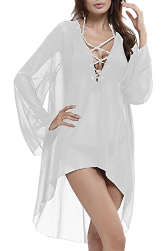Women's Sexy Deep V Neck Long Sleeve Sheer Swimsuit Cover Up Beach Party Dress (White)