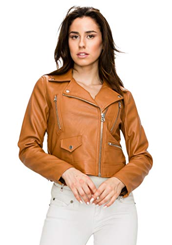 Lock and Love WJC1852 Womens Faux Leather Motorcycle Biker Jacket M Cognac