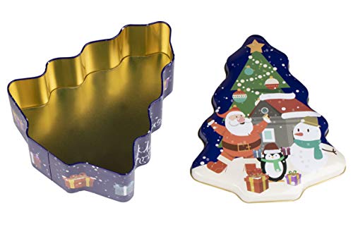 Juvale Christmas Tin Gift Box - 2-Set Tree-Shaped Cookie Candy Storage Containers with Lids for Confectioneries, Holiday Decor, Blue with Gold Lining, 6 x 7.25 x 2.6 Inches