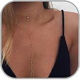ANGLEQUEEN Lariat Long Necklace for Women Dainty Gold Long Necklaces Trendy Y-Shaped Pendant Necklace Layered Beaded Chain Necklaces
