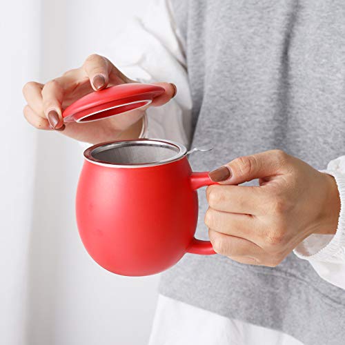 Yundu 12oz Matte Red Ceramic Tea Mug with Infuser and Lid, Steeping Lid Cup Stainless Steel Infuser for Loose Leaf Tea, Home Office Gift for Lovers