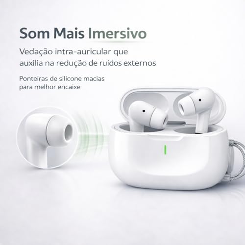 Fone de Ouvido Bluetooth 5.4 TWS Branco Sem Fio com Microfone, Controle Touch, Intra Auricular com Redução de Ruído, Estojo USB-C, Até 16h, Android e iPhone