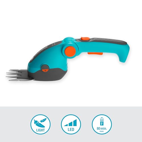 Gardena ComfortCut Li Cordless Grass Shears with 8 cm Cutting Width, Angled Comfort Handle with LED Display, Blade Change without Tools (9887-20)