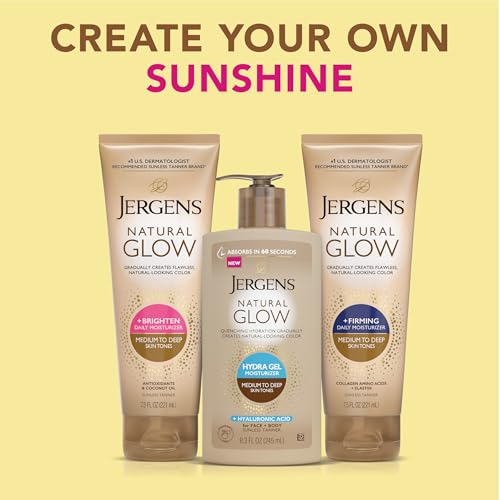 JERGENS NATURAL GLOW HYDRA GEL MOISTURIZER, HYALURONIC ACID TANNING LOTION, HYDRATING TANNING GEL, FRAGRANCE-FREE SELF TANNER, MEDIUM TO DEEP SKIN TONES 8.3 OZ