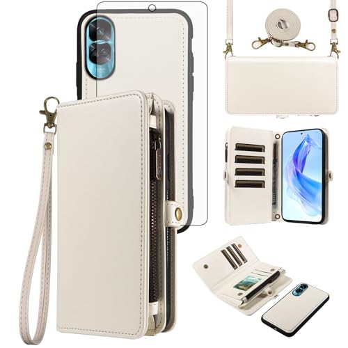 Asuwish Phone Case for Honor 90 Lite 5G Zipper Wallet Detachable Cell Cover with Tempered Glass Screen Protector Crossbody Lanyard Strap Flip Card Holder Slot Honor90 90Lite X50i CRT-NX1 White