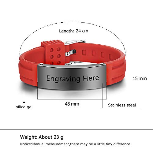 Free Engraving 9 Inch Silicone Adjustable Medical Bracelets Sport Emergency ID Bracelets for Men Women Kids Waterproof Rubber Alert Bracelets (Red-black)